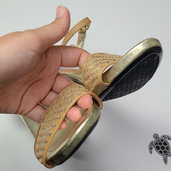 IsaacāMizrahi IsbelleĀ Gold and Tan HighāHeel Sandals Sizeā9.5 - Picture 6 of 11